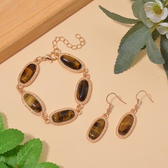 Women's Tigers Eye Bracelet and Earrings Jewelry Set in Rosetone - Picture 2 of 4
